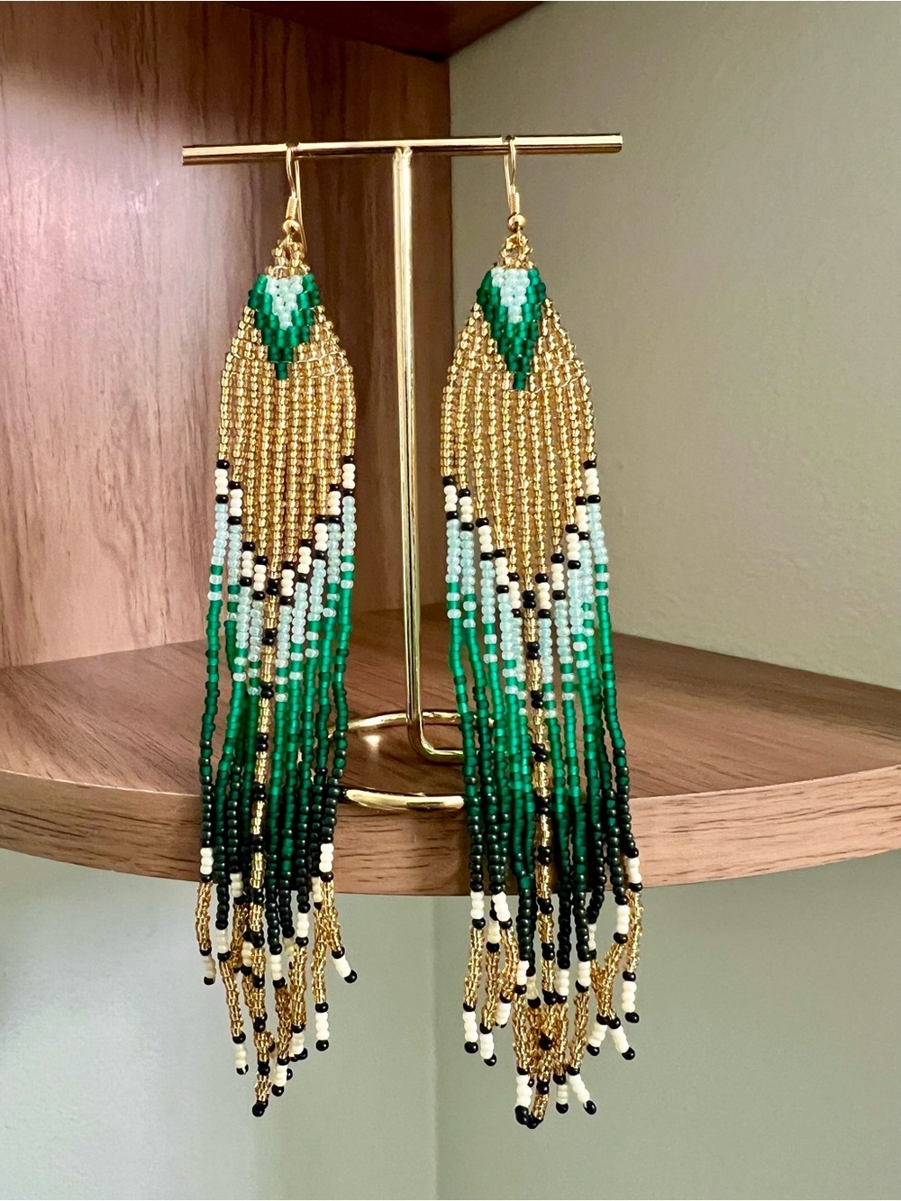 Stylish Long Green & Gold Seed Bead Fringe Earrings